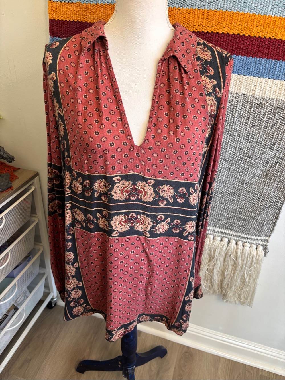 Free People Rust Floral V-Neck Boho Tunic Top